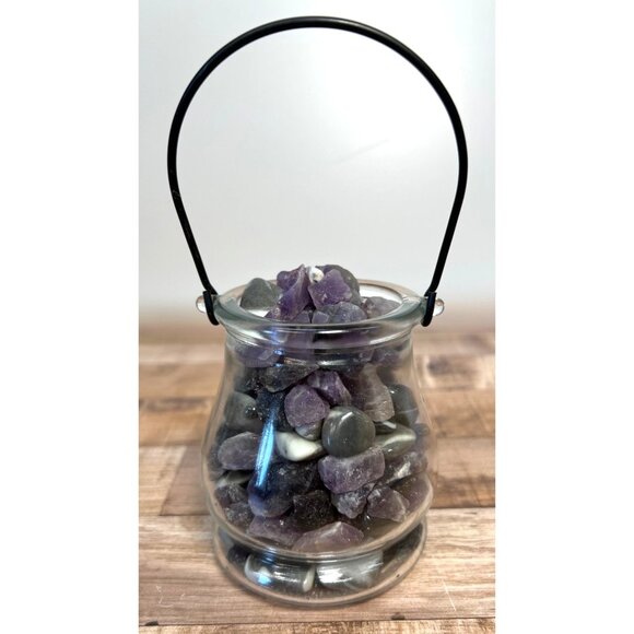 Decorative Glass Jar With Amethyst & Mixed Stones With Handle - Home Décor Accen - Picture 3 of 4